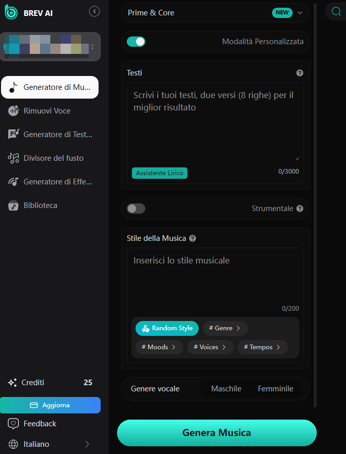 Interfaccia brev.ai da testo a canzone