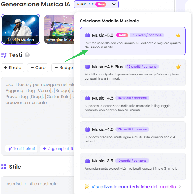 Seleziona il modello musicale