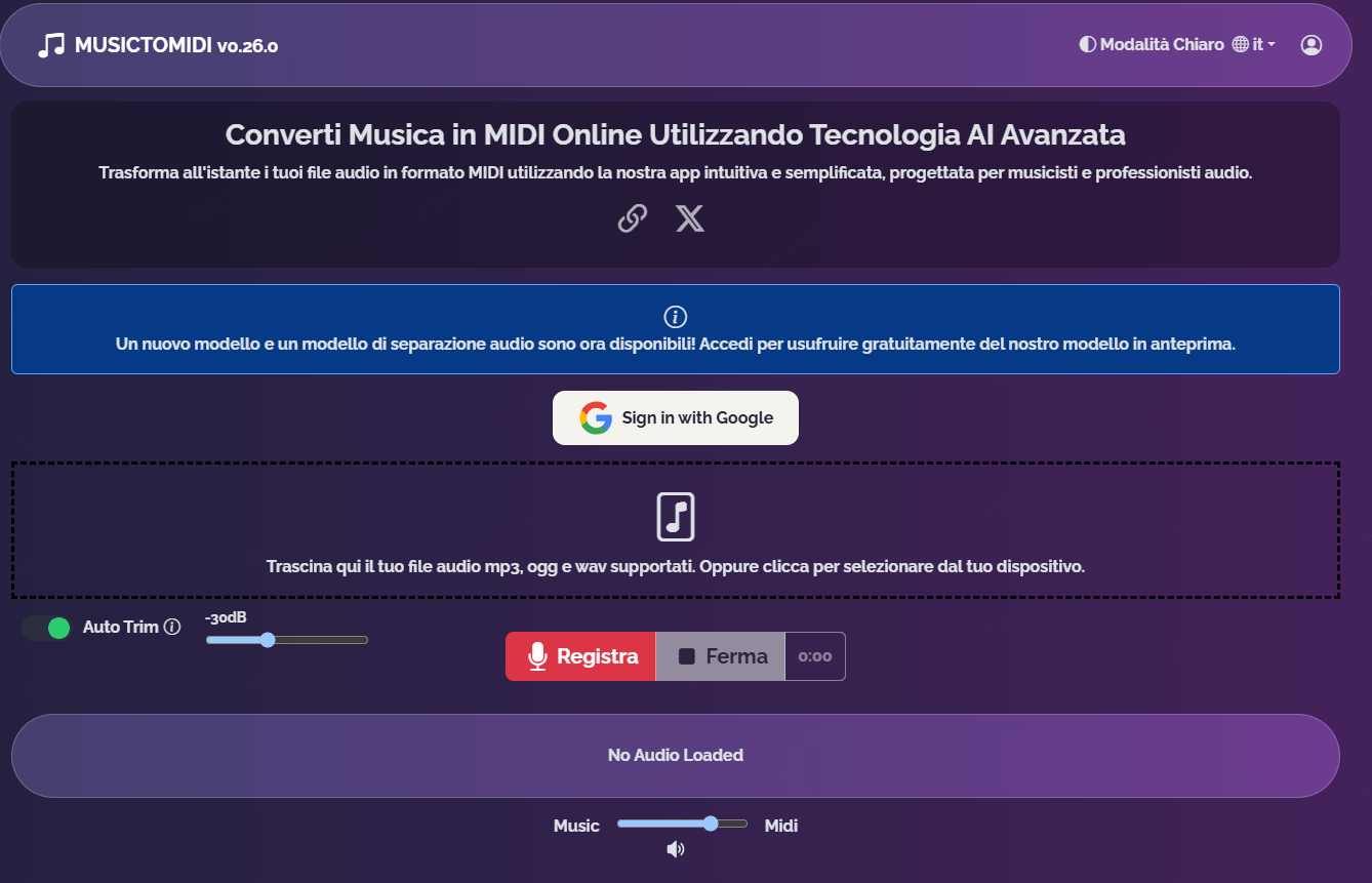 Music to Midi Converti audio in MIDI