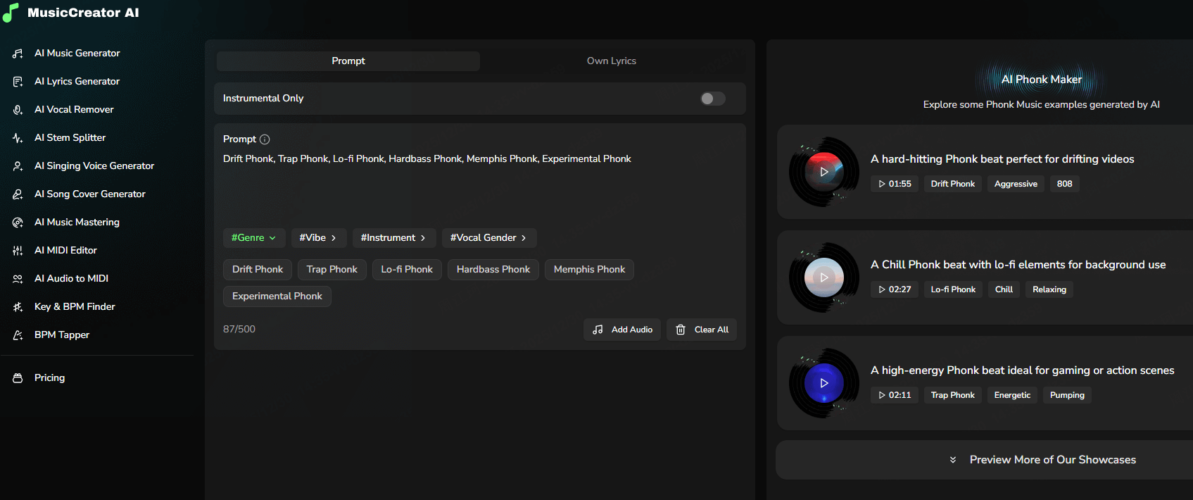 generare phonk music su MusicCreator AI