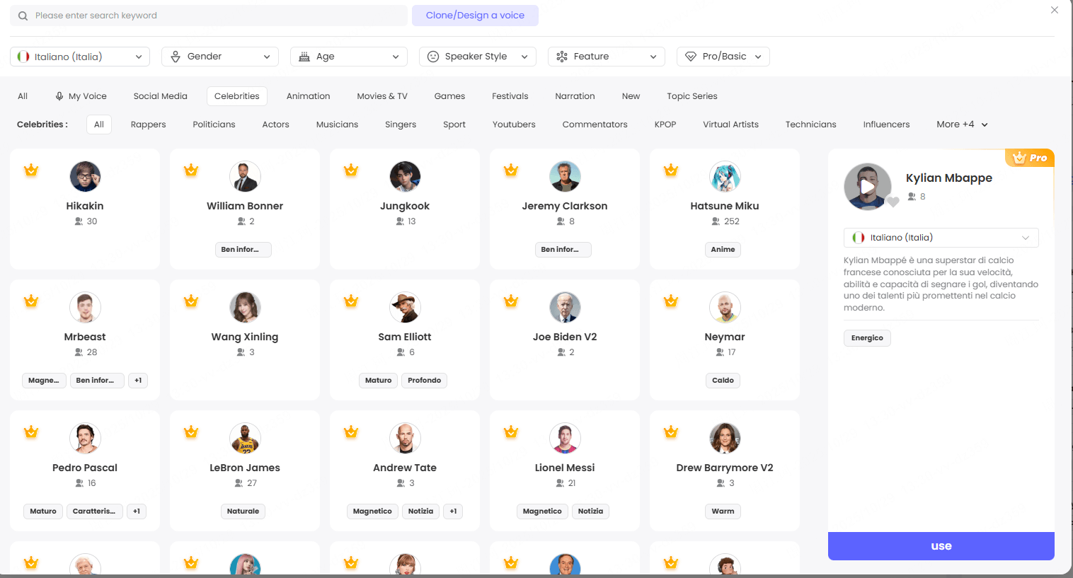 Seleziona la voce del personaggio famoso che preferisci su topmediai