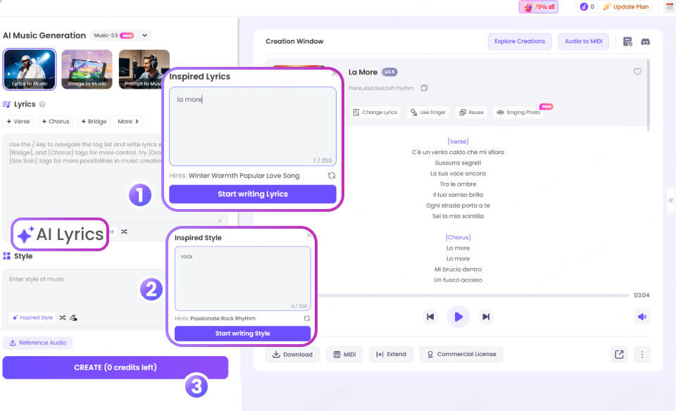 Crea musica IA con testi inseriti o generati