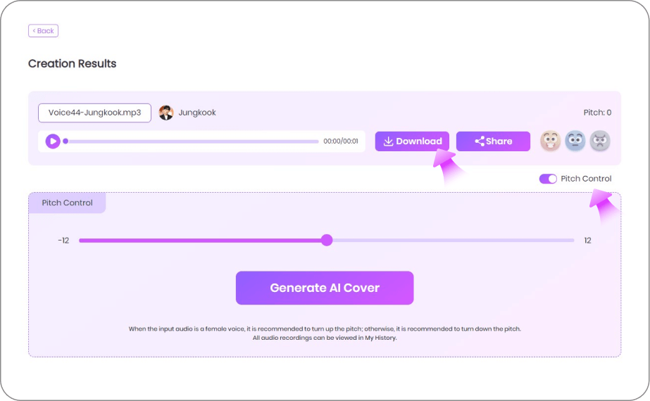 Download, share or adjust the pitch for regenerate.