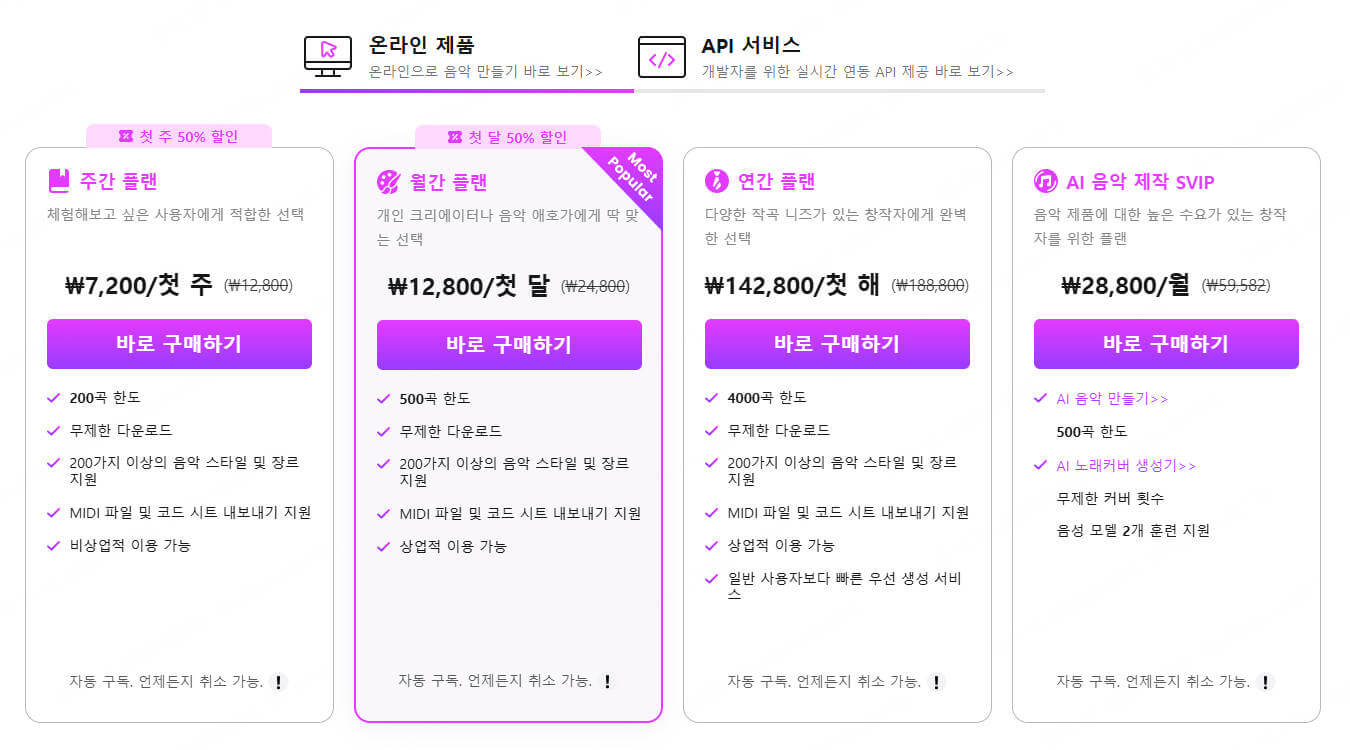 topmediai 음악 만들기 가격 플랜