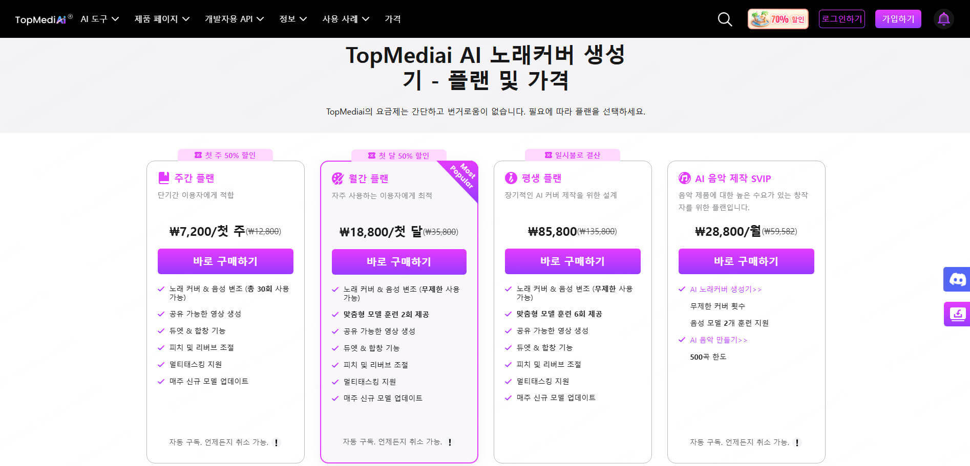 topmediai ai 노래커버 생성기 가격