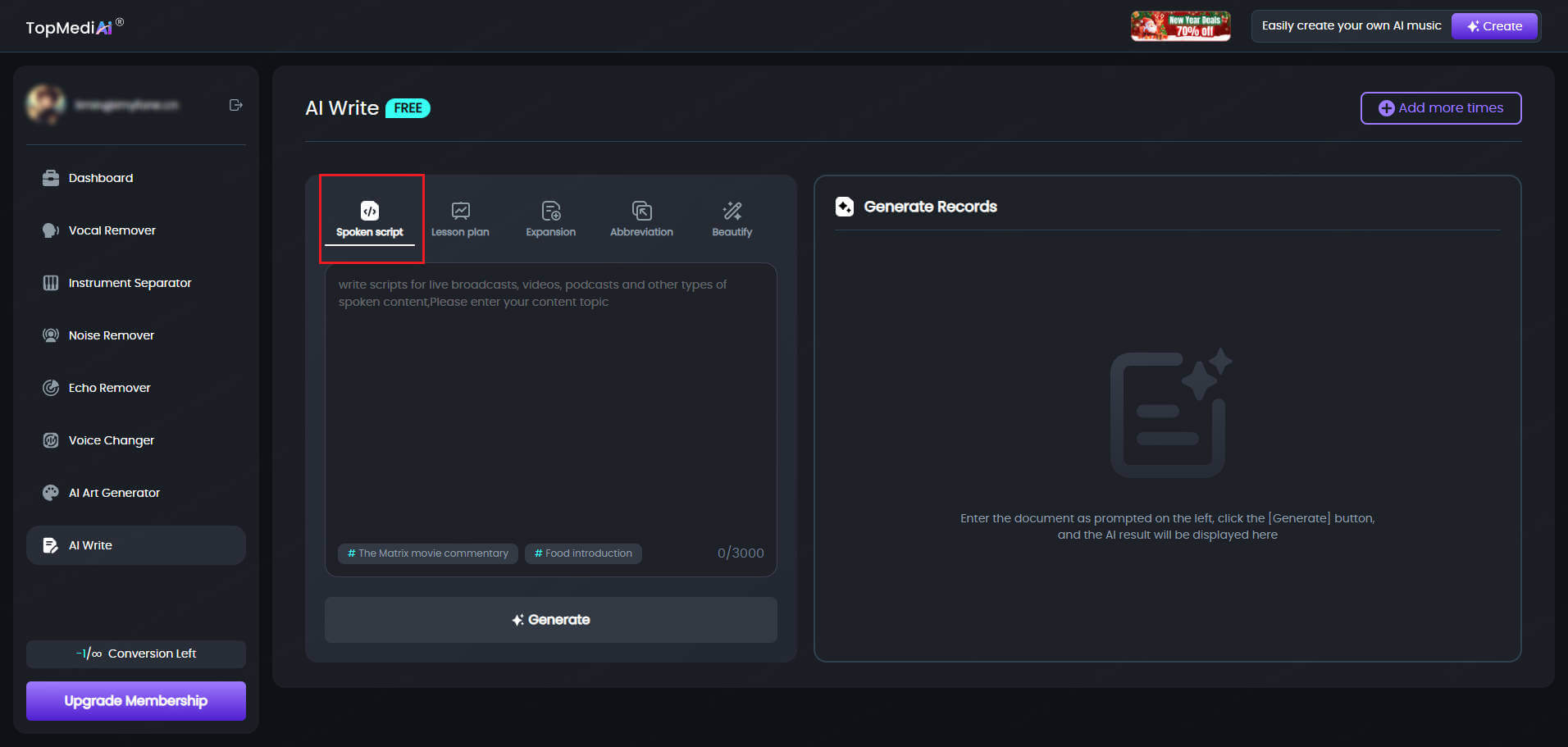 TopMediai AI 글쓰기 Spoken Script