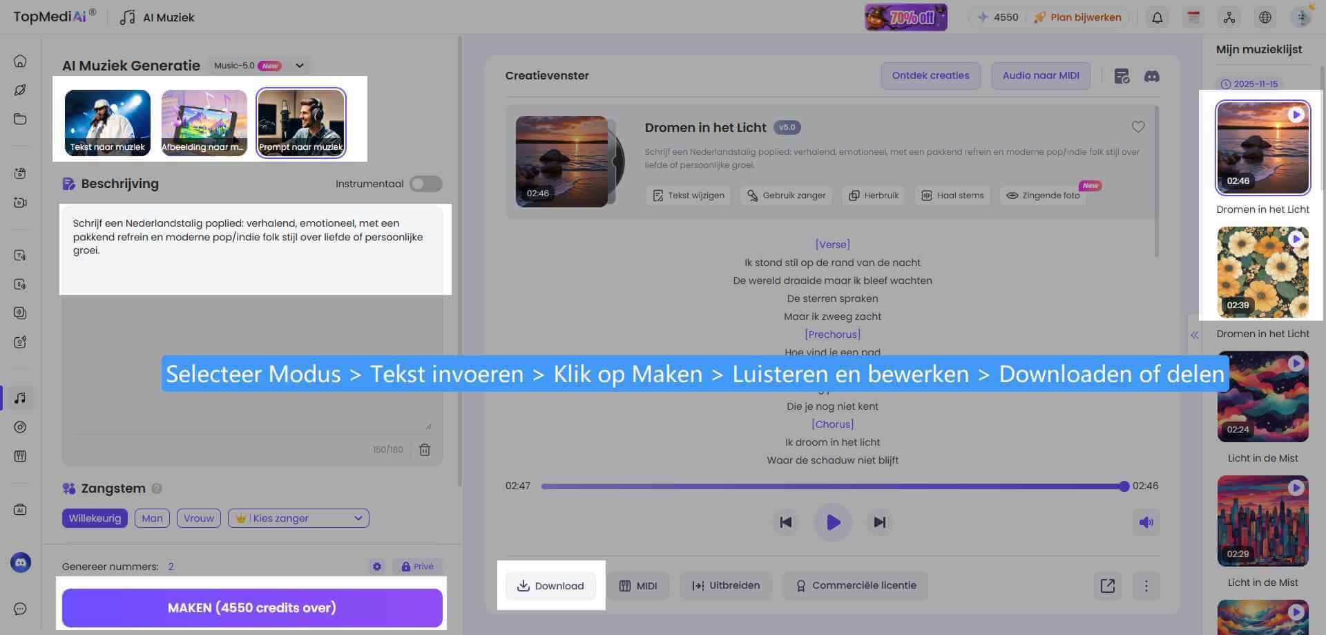 topmediai ai muziekgenerator gebruik stappen