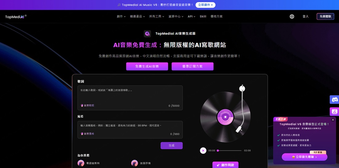 TopMediai Suno替代方案介面