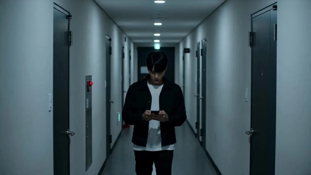 一段懸疑風格的電影預告短片，一位亞洲年輕主角在公寓走廊行走，光線偏冷，氣氛神秘。主角表情自然略帶緊張，輕微低頭滑手機，然後抬頭看向畫面右側。畫面中右側出現一個模糊的人影，站立不動，主角眼神警覺，慢慢向後退，呼吸加快，準備逃跑，氣氛逐漸壓迫。環境光影隨之變暗，背景簡單，沒有多餘人物干擾。畫面連貫流暢，角色外觀保持一致，光影冷色調，給人懸念感。音效為低沉氛圍音與環境回音，隨畫面推進逐漸增強張力。